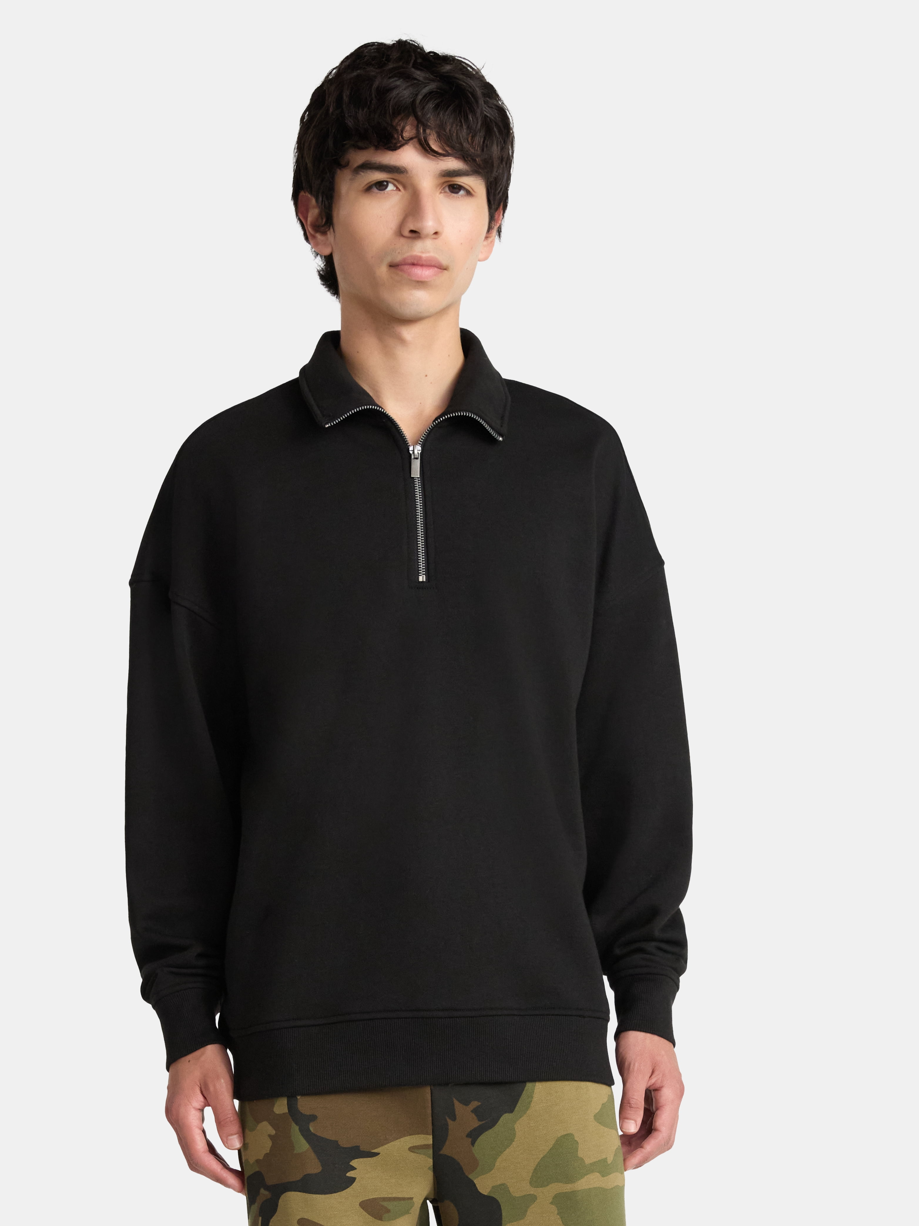 No Boundaries Oversized Quarter Zip Pullover with Long Sleeves, Men's & Big Men's