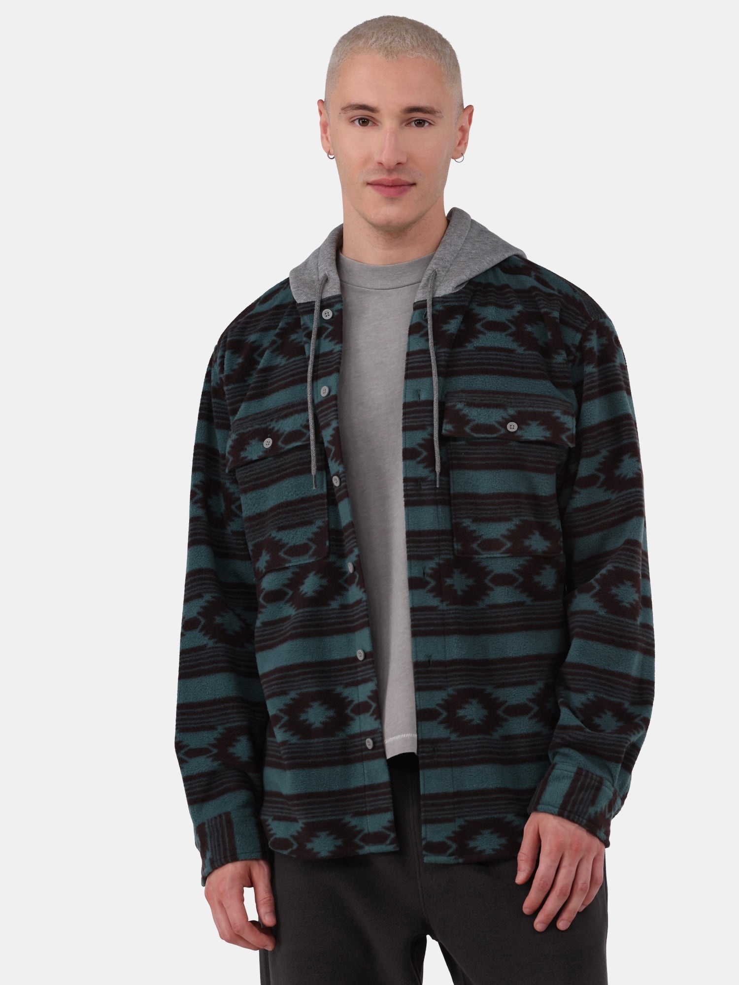 No Boundaries Men's & Big Men's Polar Fleece Hooded Button Up Jacket, Sizes XS-5XL