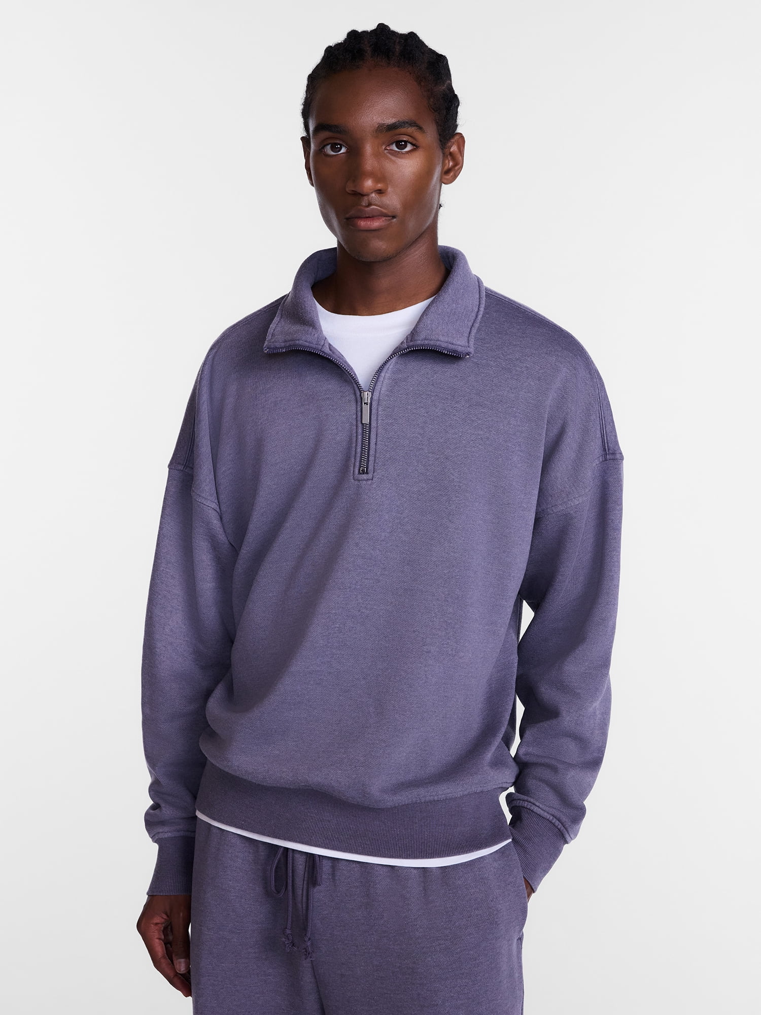 No Boundaries Boxy Fit Quarter Zip Fleece Sweatshirt with Long Sleeves, Men's XS-4XLT