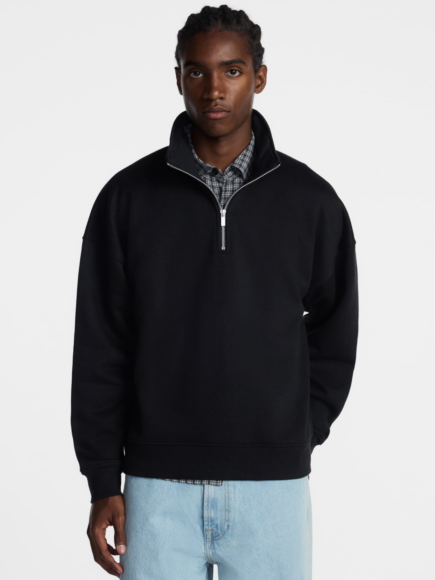 No Boundaries Boxy Fit Quarter Zip Fleece Sweatshirt with Long Sleeves, Men's XS-4XLT