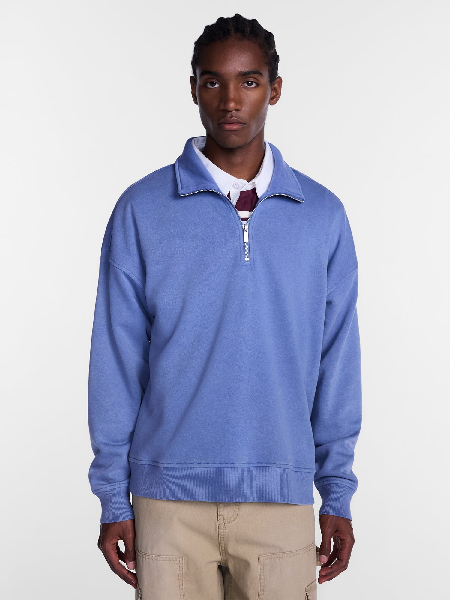 No Boundaries Boxy Fit Quarter Zip Fleece Sweatshirt with Long Sleeves, Men's XS-4XLT