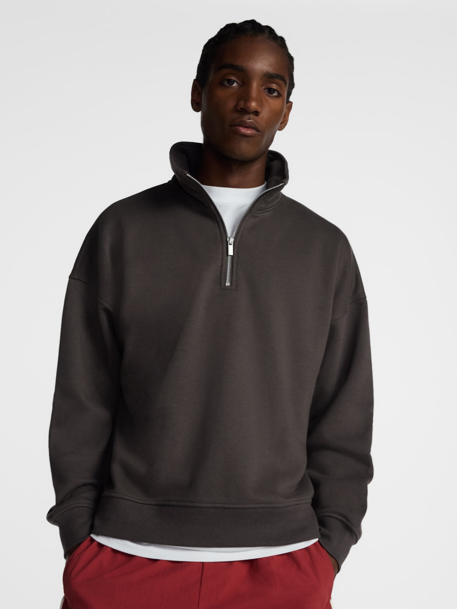 No Boundaries Boxy Fit Quarter Zip Fleece Sweatshirt with Long Sleeves, Men's XS-4XLT