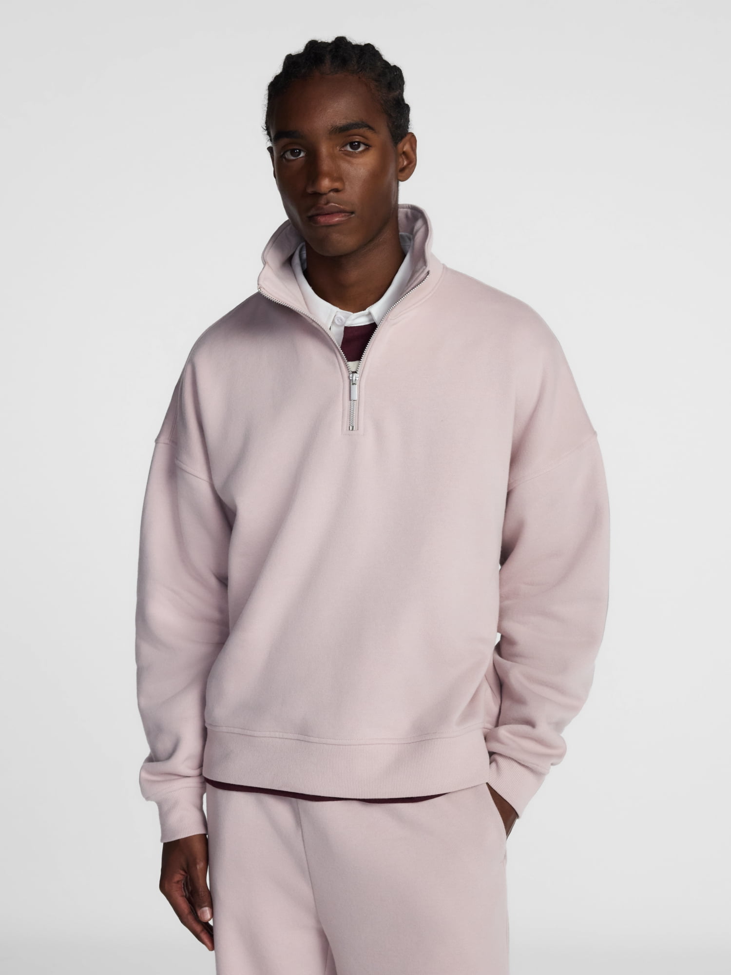 No Boundaries Boxy Fit Quarter Zip Fleece Sweatshirt with Long Sleeves, Men's XS-4XLT