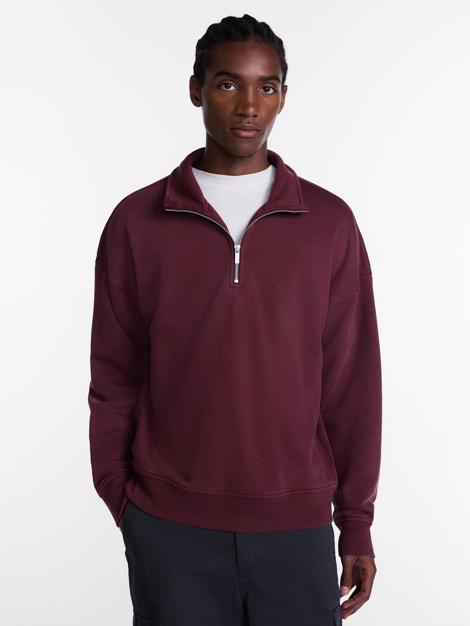 No Boundaries Boxy Fit Quarter Zip Fleece Sweatshirt with Long Sleeves, Men's XS-4XLT