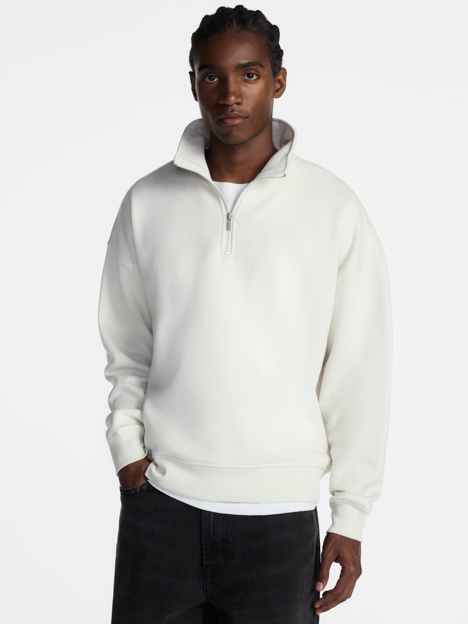 No Boundaries Boxy Fit Quarter Zip Fleece Sweatshirt with Long Sleeves, Men's XS-4XLT