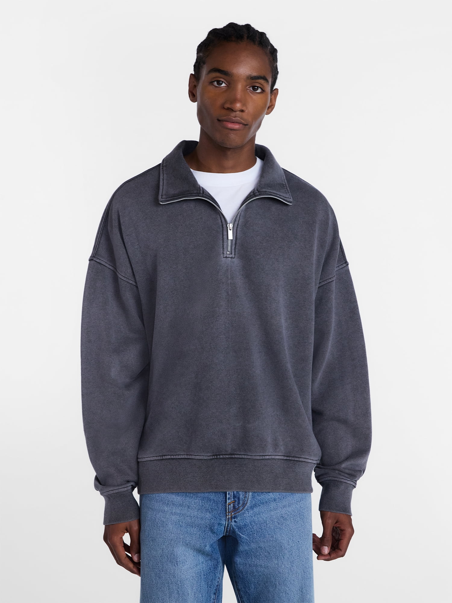 No Boundaries Boxy Fit Quarter Zip Fleece Sweatshirt with Long Sleeves, Men's XS-4XLT