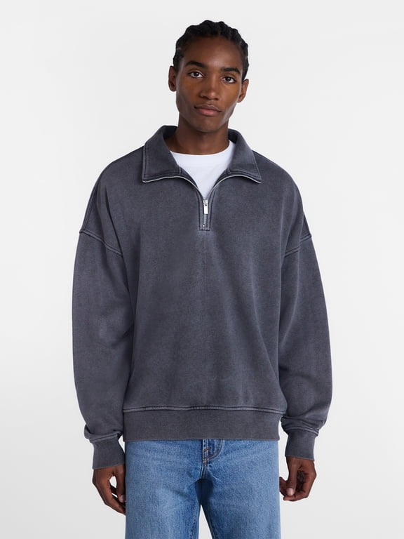 Boxy Fit Quarter Zip Fleece Sweatshirt with Long Sleeves, Men's XS-4XLT