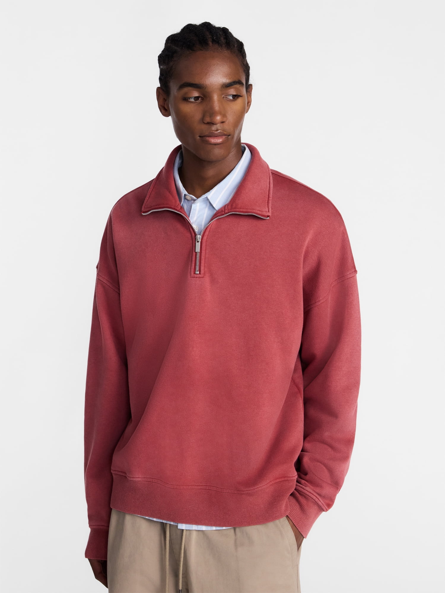 No Boundaries Boxy Fit Quarter Zip Fleece Sweatshirt with Long Sleeves, Men's XS-4XLT
