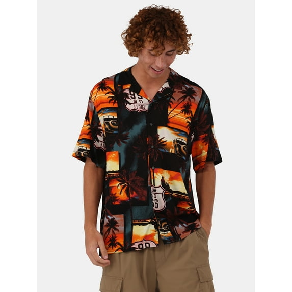No Boundaries Printed Rayon Button Up Resort Shirt with Short Sleeves, Men's & Big Men's