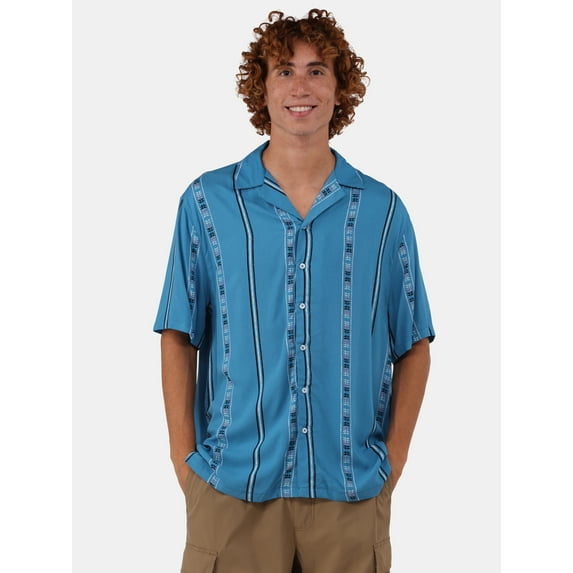 No Boundaries Printed Rayon Button Up Resort Shirt with Short Sleeves, Men's & Big Men's