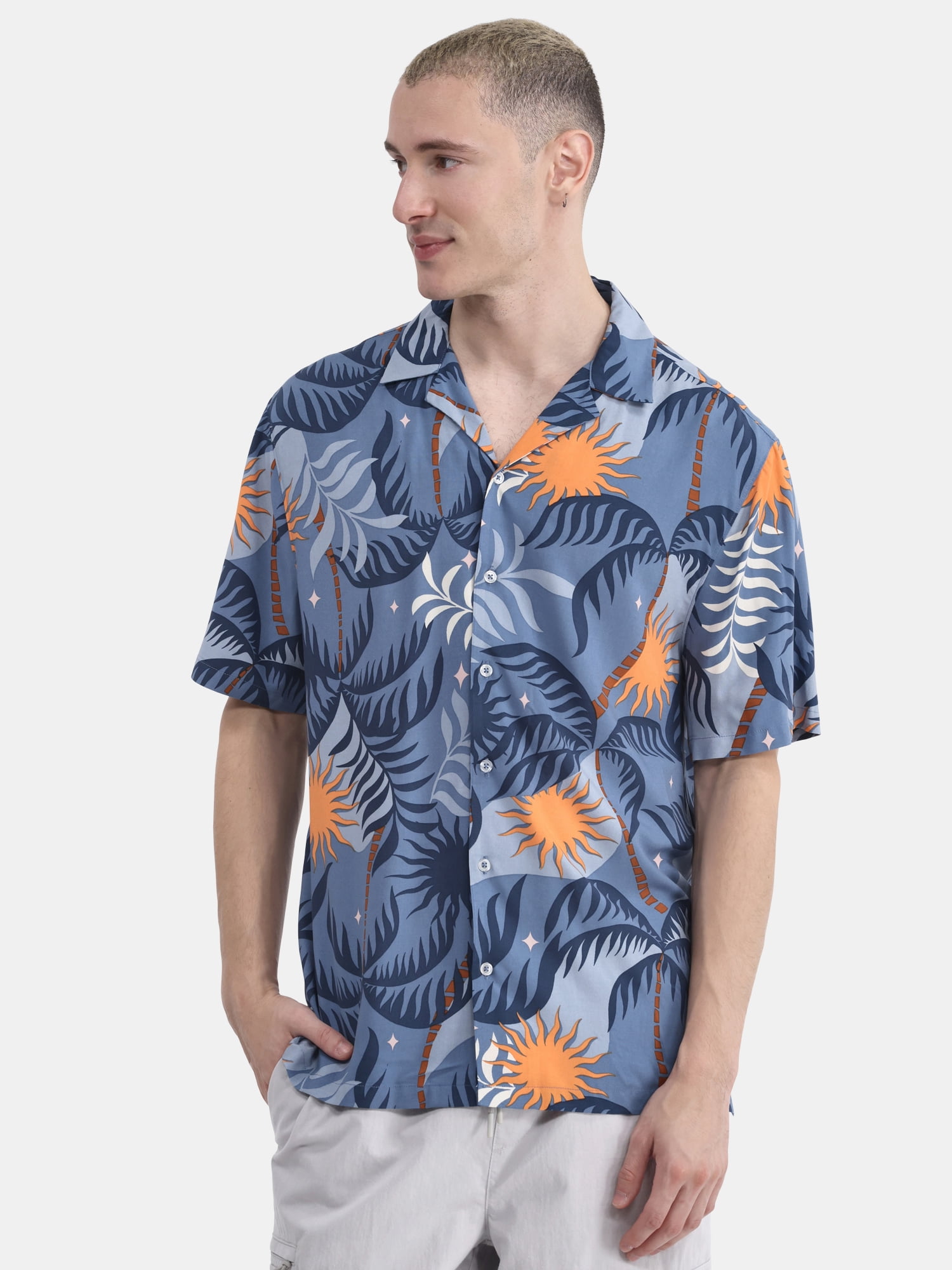No Boundaries Men's & Big Men's Rayon Print Button Up Shirt with Short Sleeves, Sizes XS-5XL