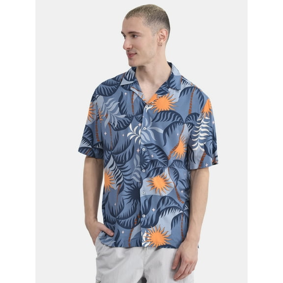 No Boundaries Men's & Big Men's Rayon Print Button Up Shirt with Short Sleeves, Sizes XS-5XL