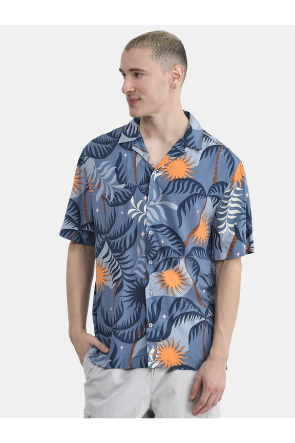 Men's & Big Men's Rayon Print Button Up Shirt with Short Sleeves, Sizes XS-5XL