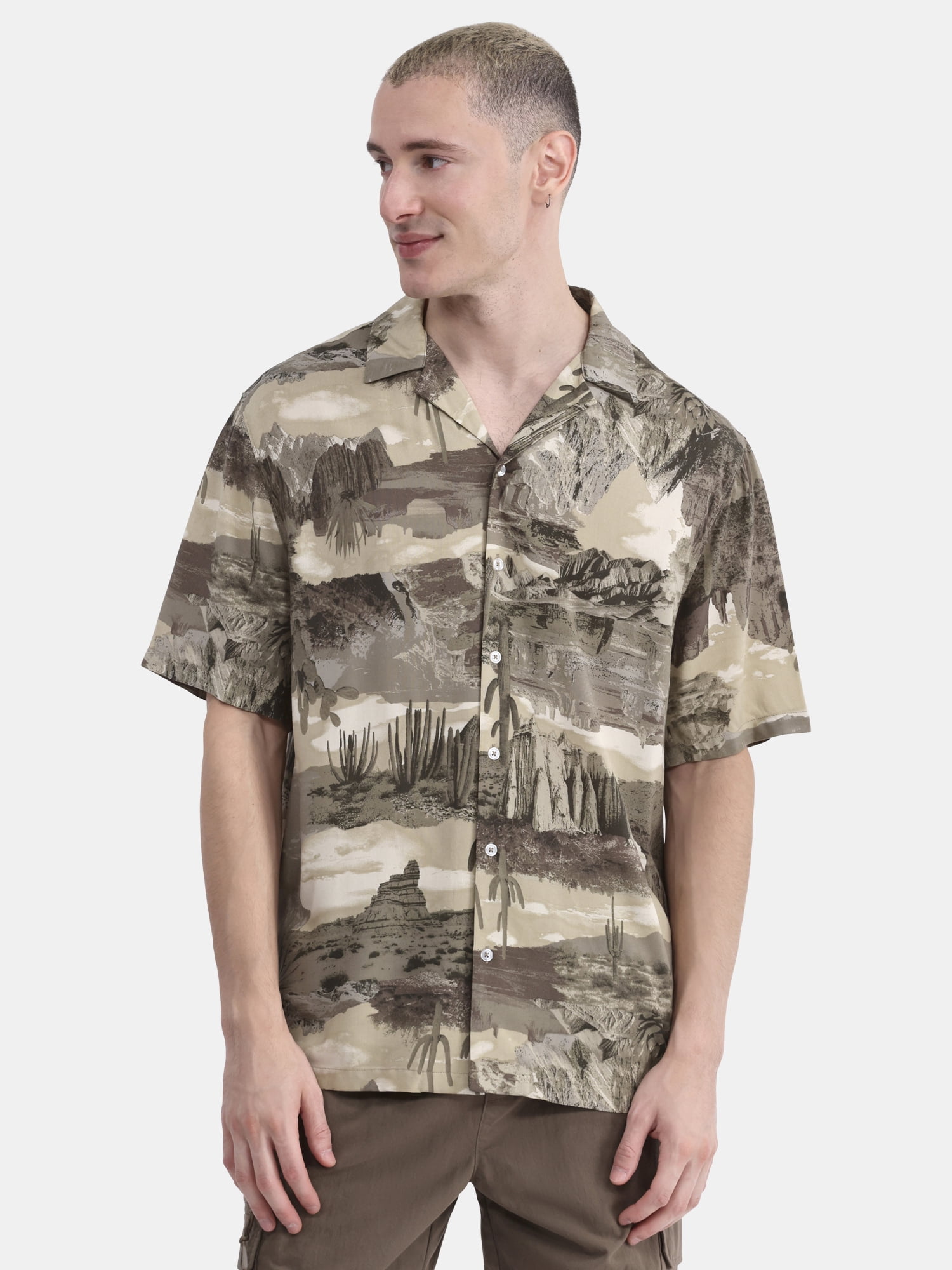 No Boundaries Men's & Big Men's Rayon Print Button Up Shirt with Short Sleeves, Sizes XS-5XL
