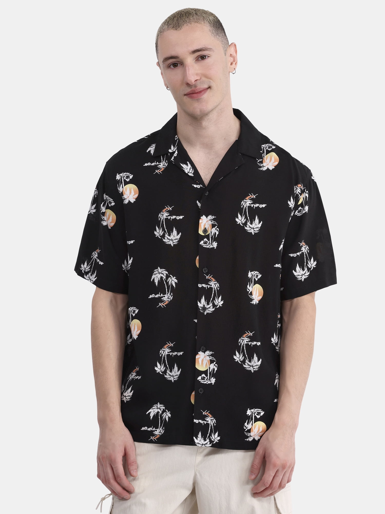 No Boundaries Men's & Big Men's Rayon Print Button Up Shirt with Short Sleeves, Sizes XS-5XL