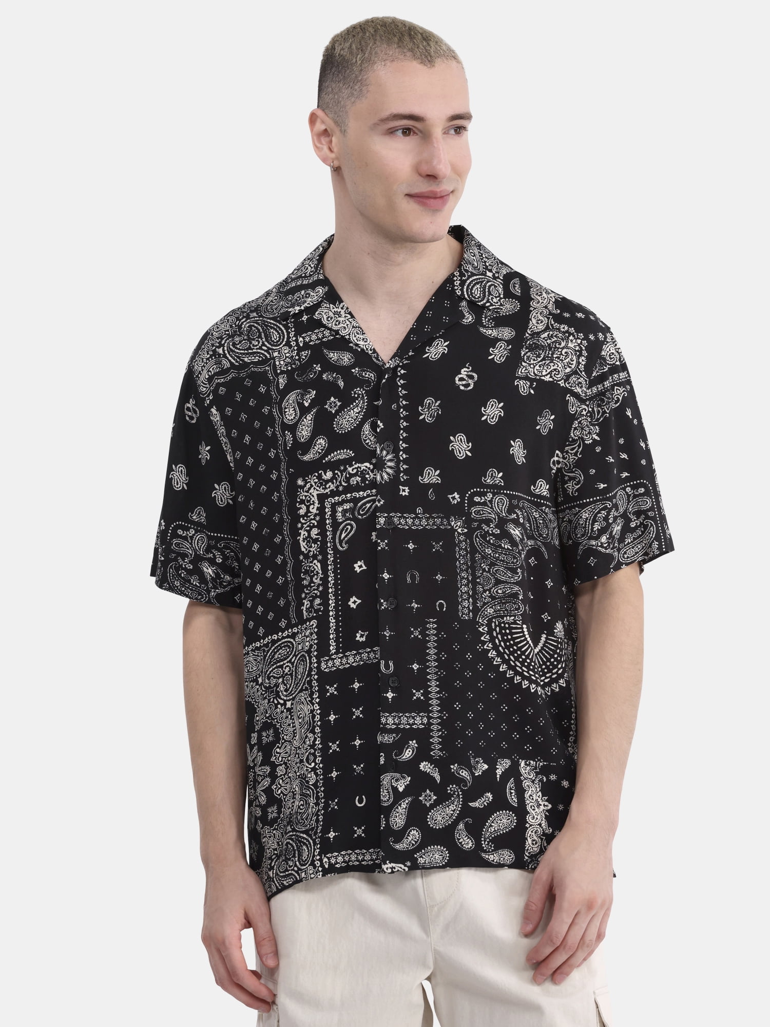 No Boundaries Men's & Big Men's Rayon Print Button Up Shirt with Short Sleeves, Sizes XS-5XL