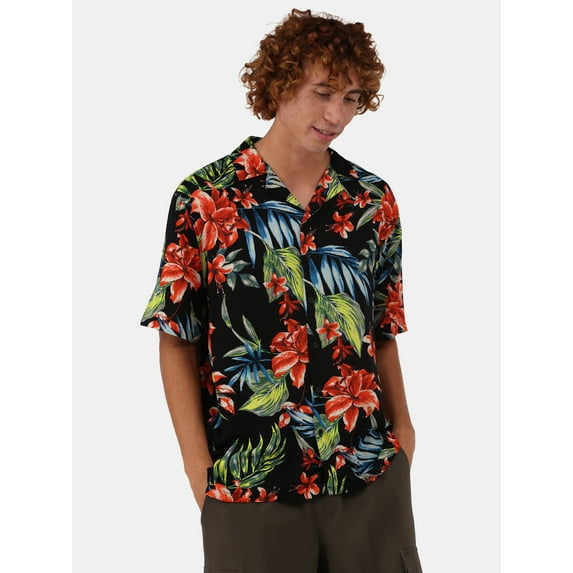No Boundaries Printed Rayon Button Up Resort Shirt with Short Sleeves, Men's & Big Men's