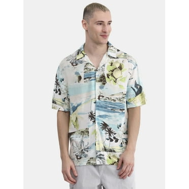 No Boundaries Printed Rayon Button Up Resort Shirt with Short Sleeves, Men's & Big Men's