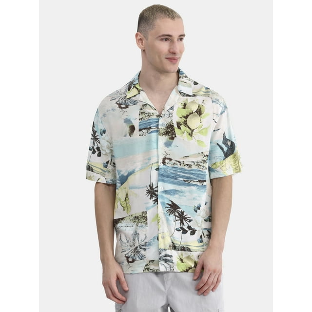 No Boundaries Printed Rayon Button Up Resort Shirt with Short Sleeves, Men's & Big Men's