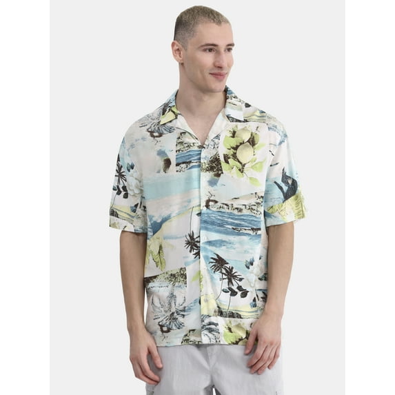 No Boundaries Men's & Big Men's Rayon Print Button Up Shirt with Short Sleeves, Sizes XS-5XL