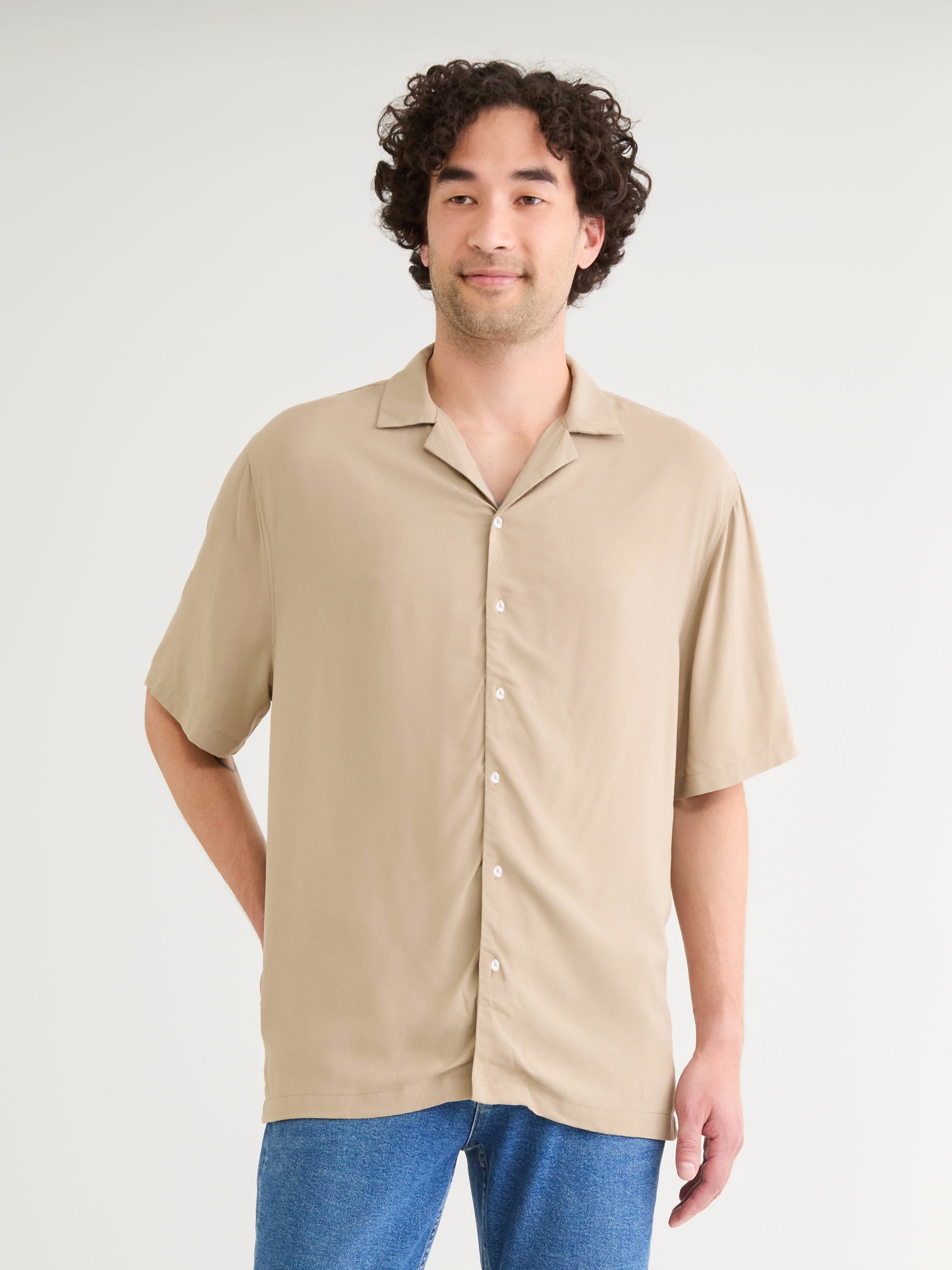 No Boundaries Solid Rayon Button Up Shirt with Short Sleeves, Men's & Big Men's
