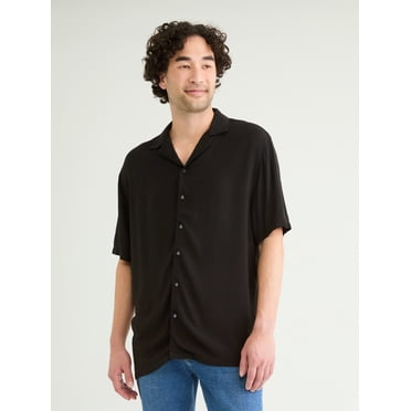 No Boundaries Solid Rayon Button Up Shirt with Short Sleeves, Men's & Big Men's