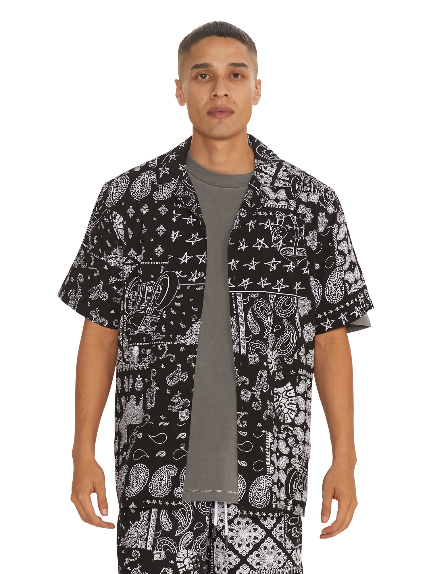 No Boundaries Men's Print Button Up Shirt with Short Sleeves, Sizes XS ...