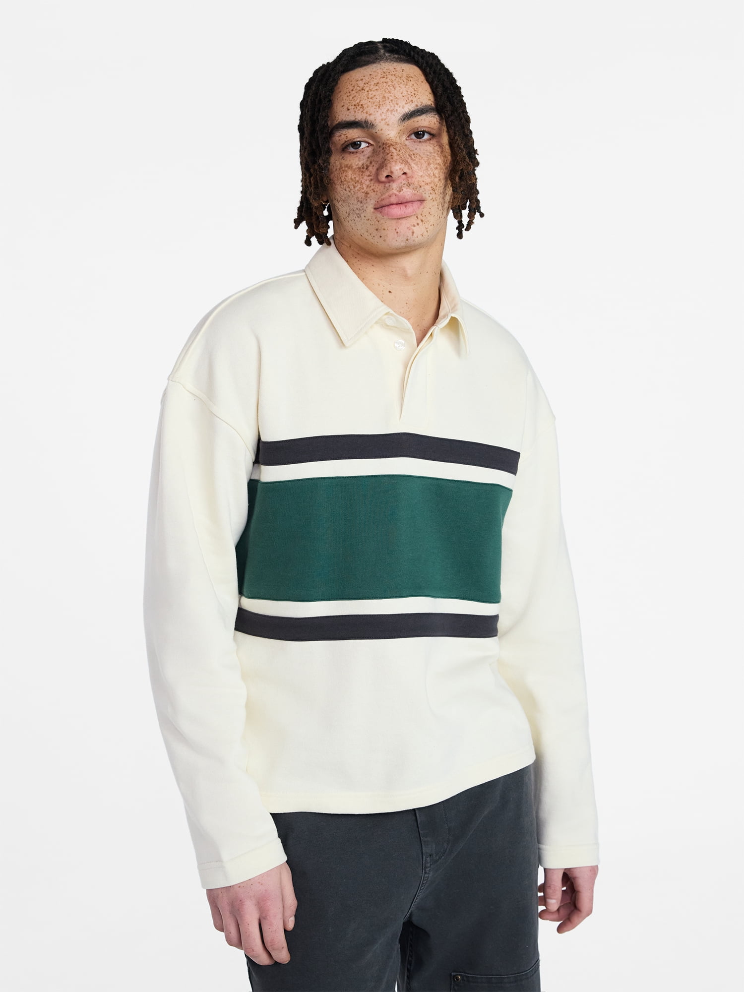 No Boundaries Rugby Fleece Polo Shirt with Long Sleeves, Men's XS-5XL
