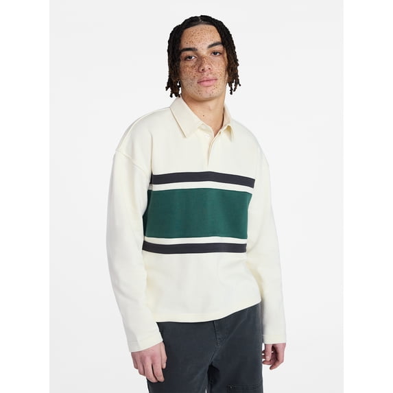 No Boundaries Rugby Fleece Polo Shirt with Long Sleeves, Men's XS-5XL