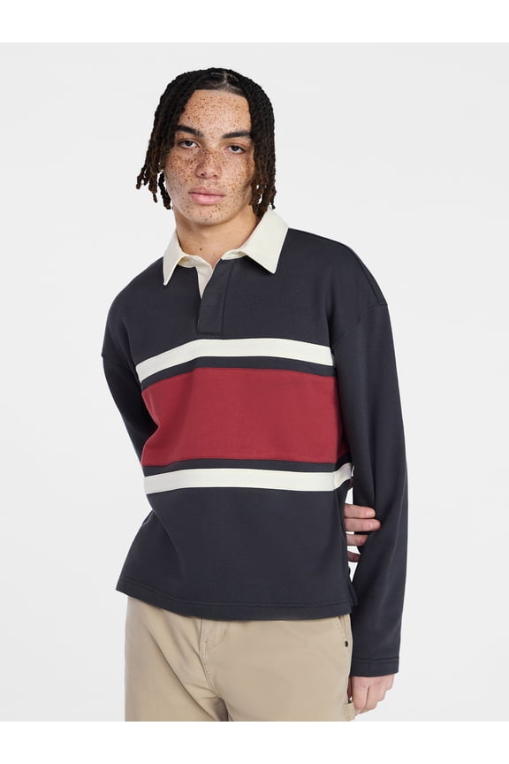 Rugby Fleece Polo Shirt with Long Sleeves, Men's XS-5XL