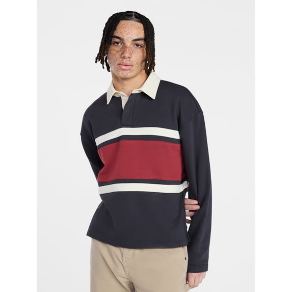 No Boundaries Rugby Fleece Polo Shirt with Long Sleeves, Men's XS-5XL