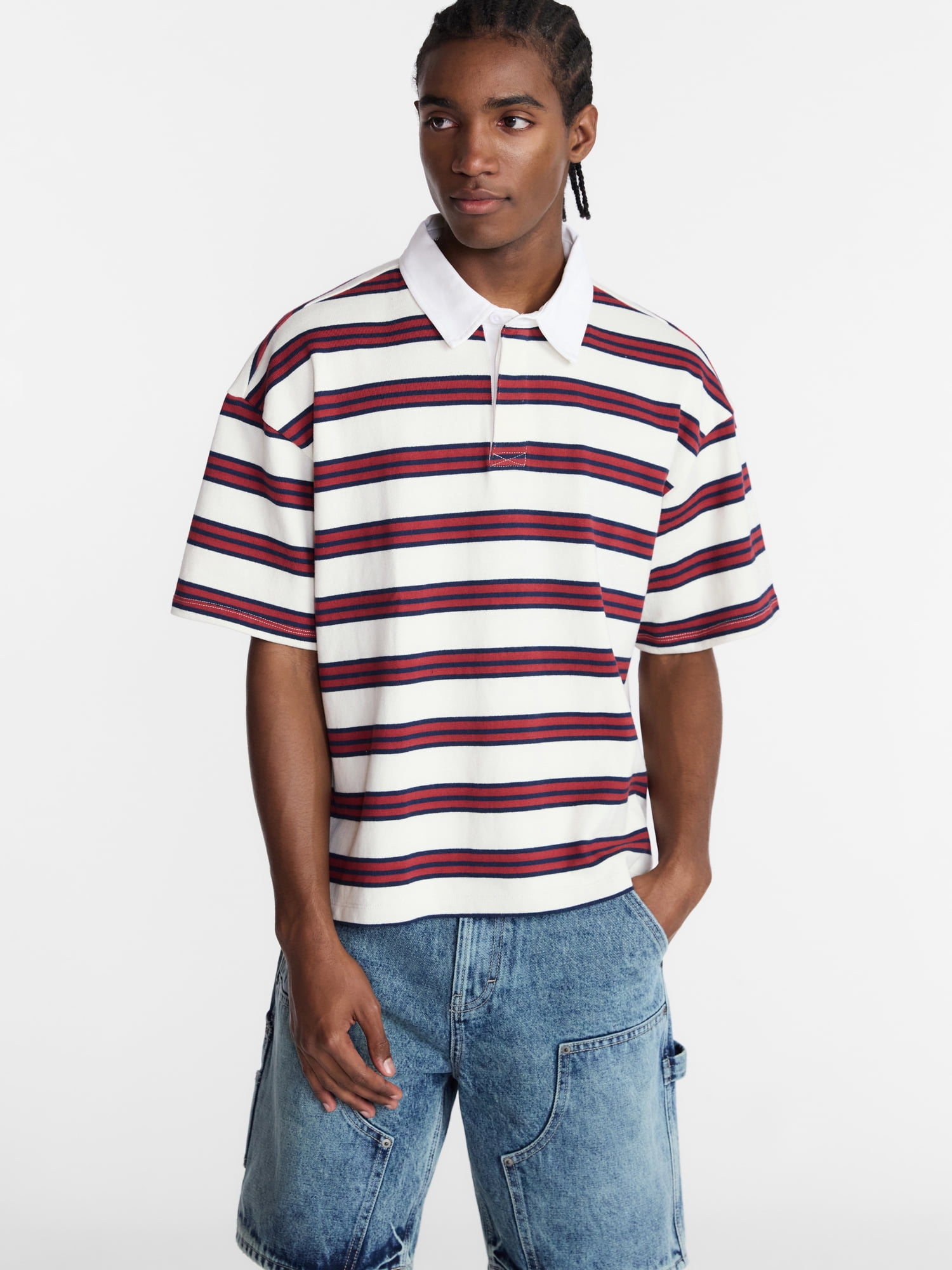 No Boundaries Striped Rugby Shirt with Short Sleeves, Men's XS-4XLT