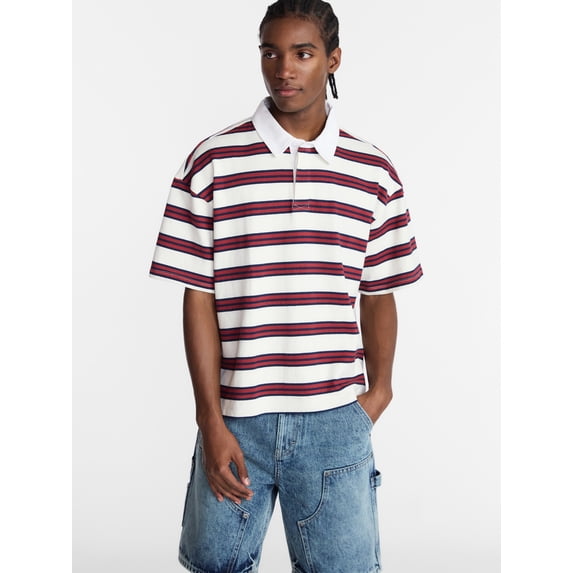 No Boundaries Striped Rugby Shirt with Short Sleeves, Men's XS-4XLT