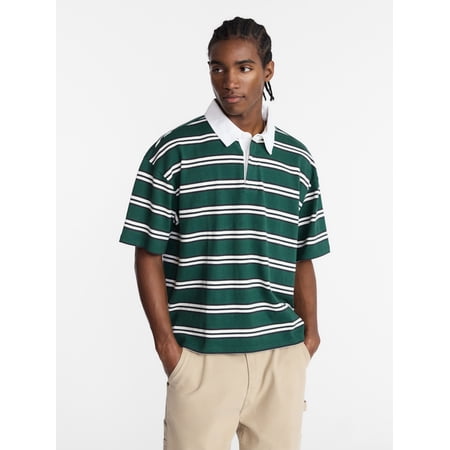 No Boundaries Striped Rugby Shirt with Short Sleeves, Men's XS-5XL