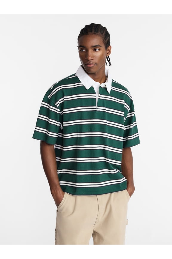 Striped Rugby Shirt with Short Sleeves, Men's XS-5XL