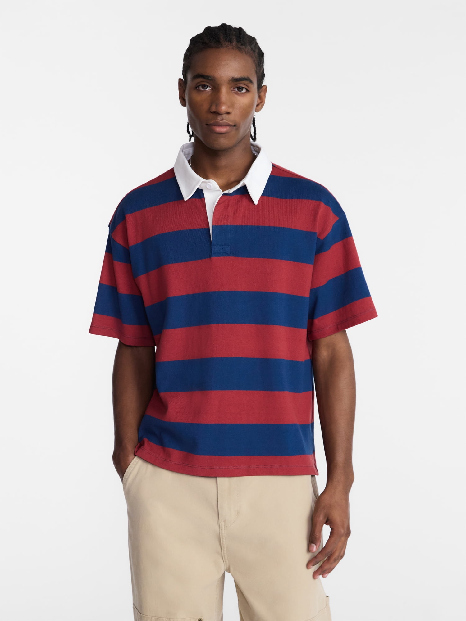 No Boundaries Striped Rugby Shirt with Short Sleeves, Men's XS-4XLT