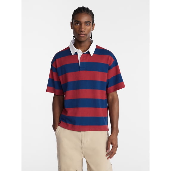 No Boundaries Striped Rugby Shirt with Short Sleeves, Men's XS-4XLT
