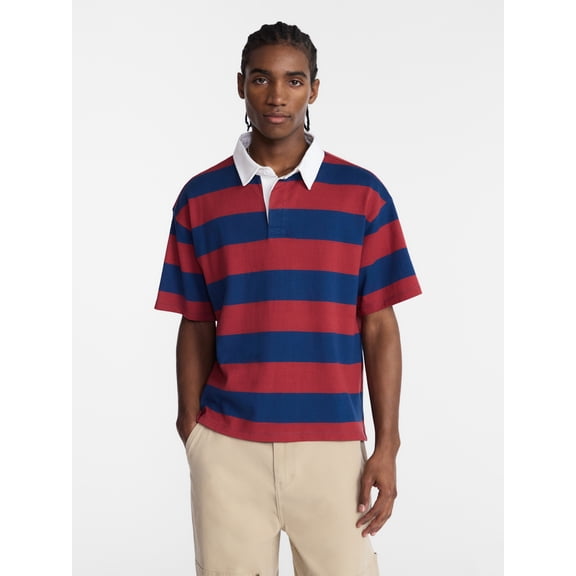 No Boundaries Striped Rugby Shirt with Short Sleeves, Men's XS-4XLT