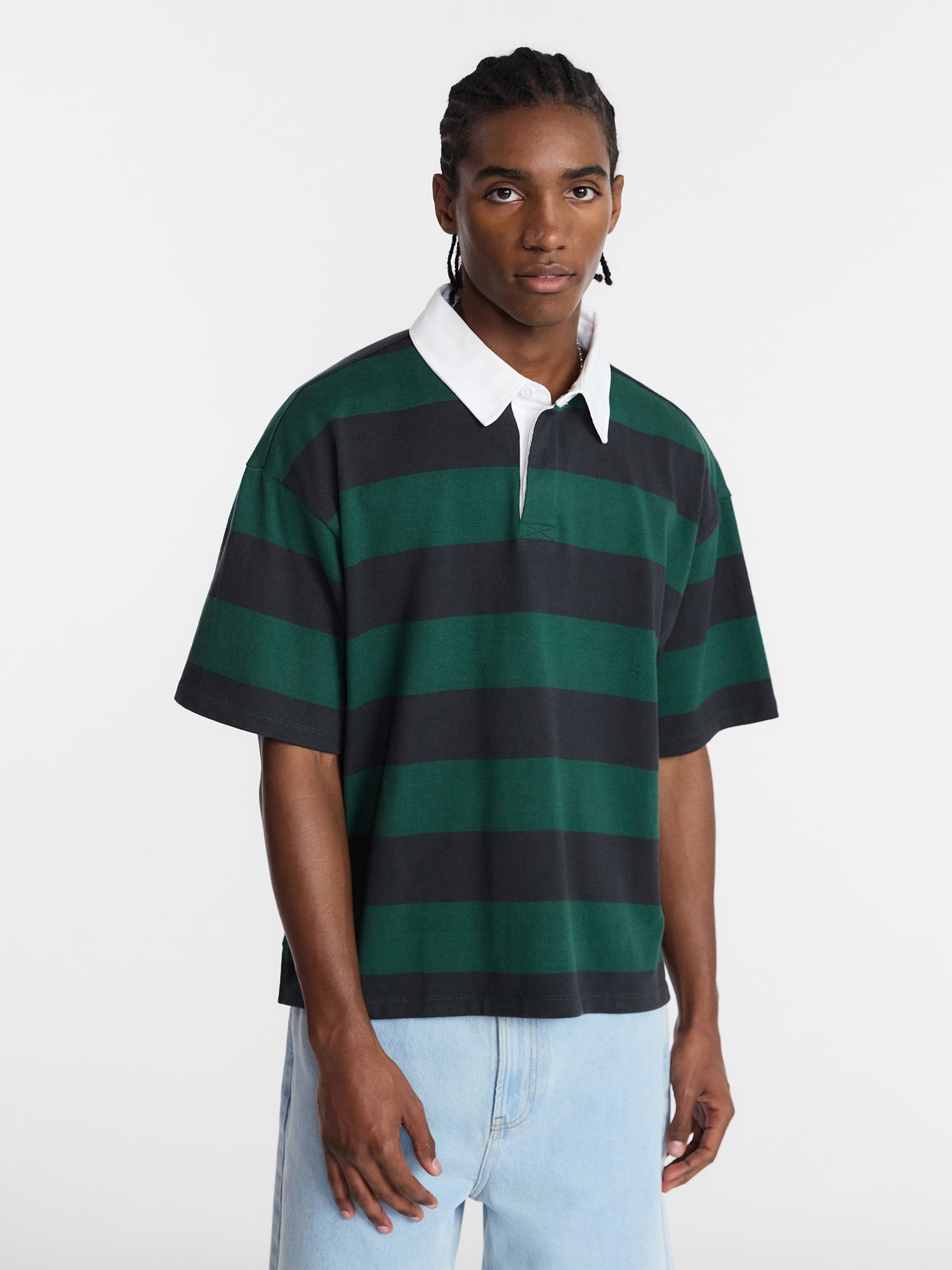 No Boundaries Striped Rugby Shirt with Short Sleeves, Men's XS-5XL