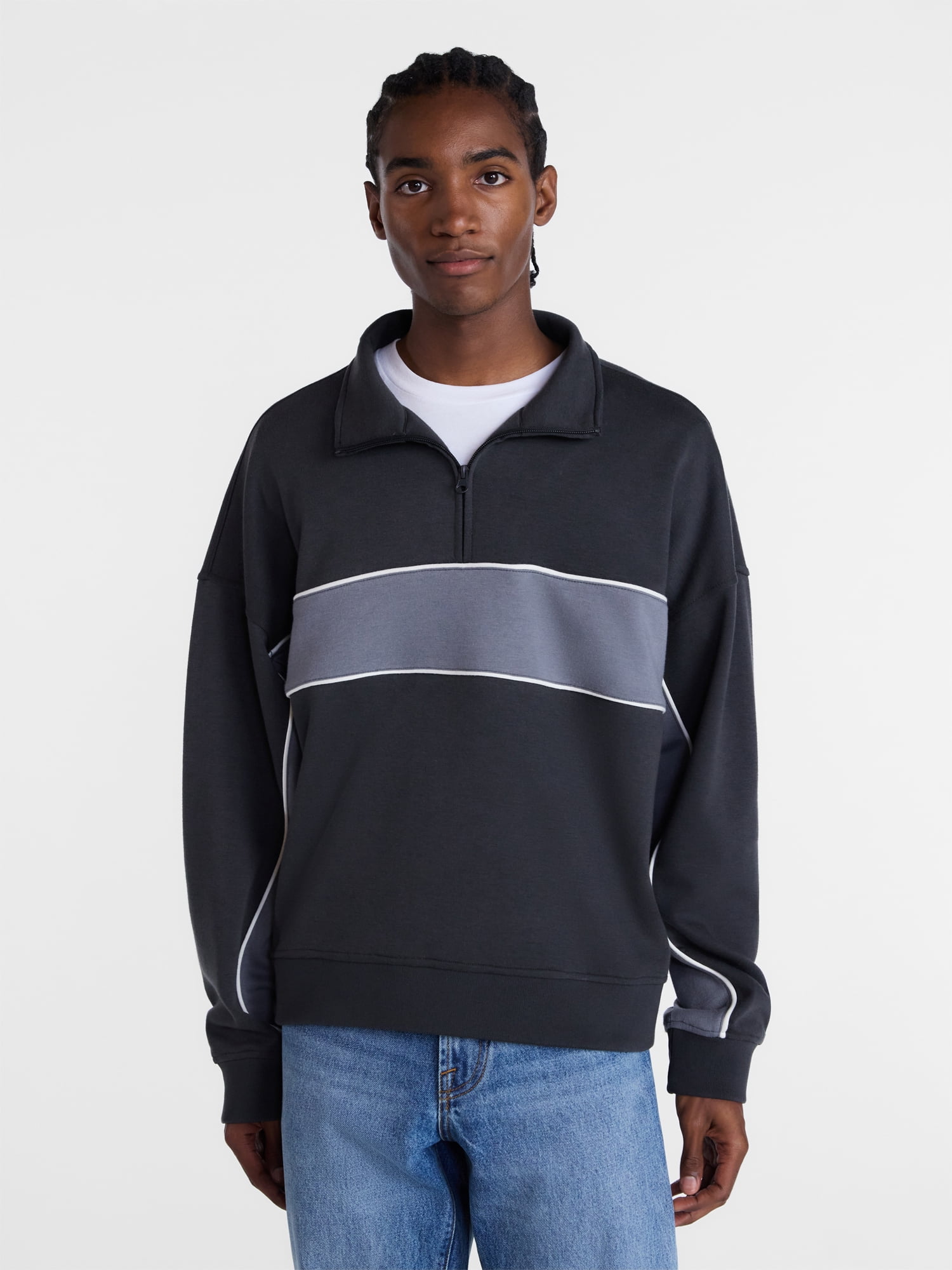 No Boundaries Sporty Quarter Zip Sweatshirt with Long Sleeves, Men's XS-5XB