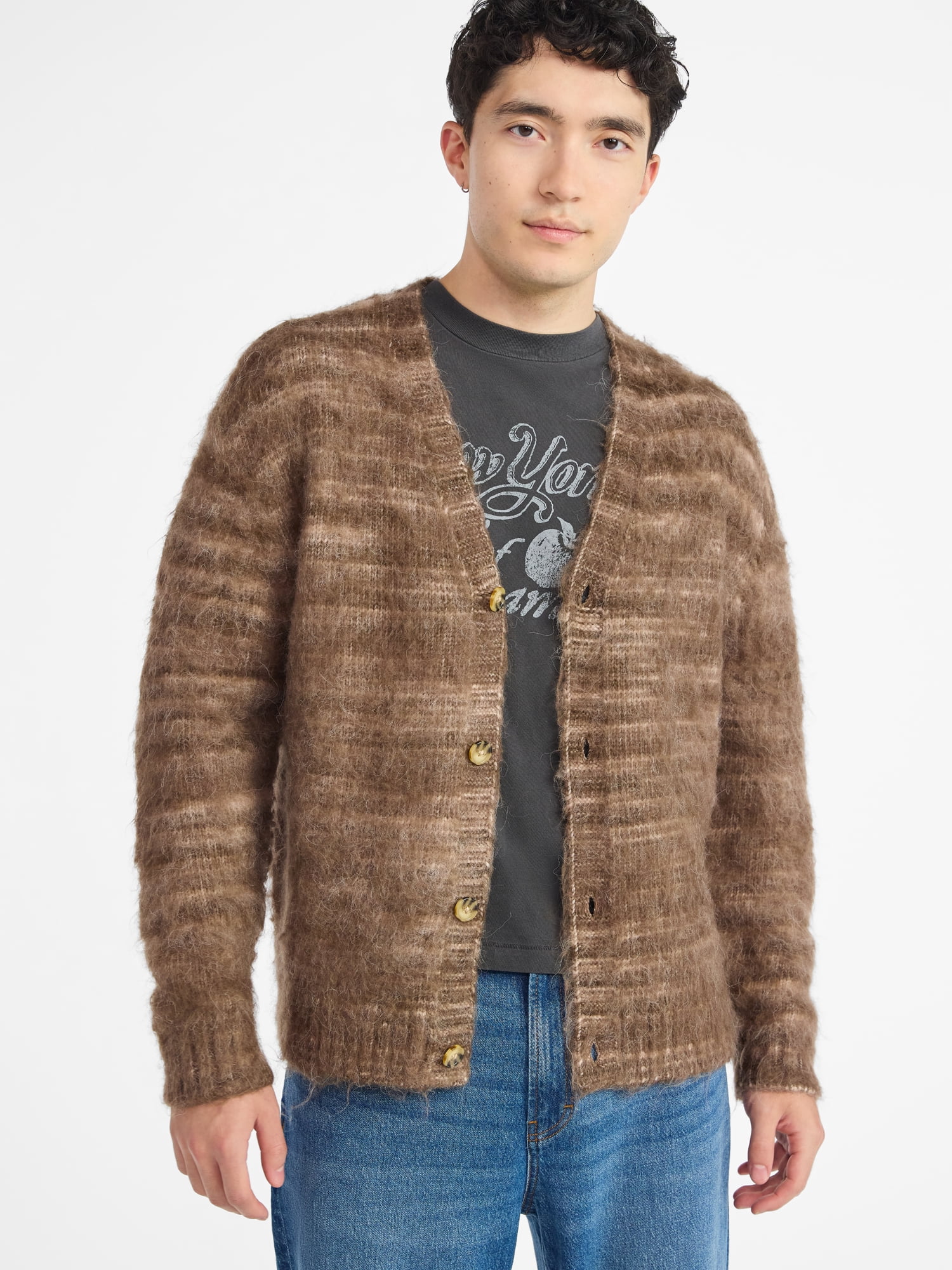 No Boundaries Stripe V Neck Brushed Cardigan Sweater with Long Sleeves, Men's & Big Men's