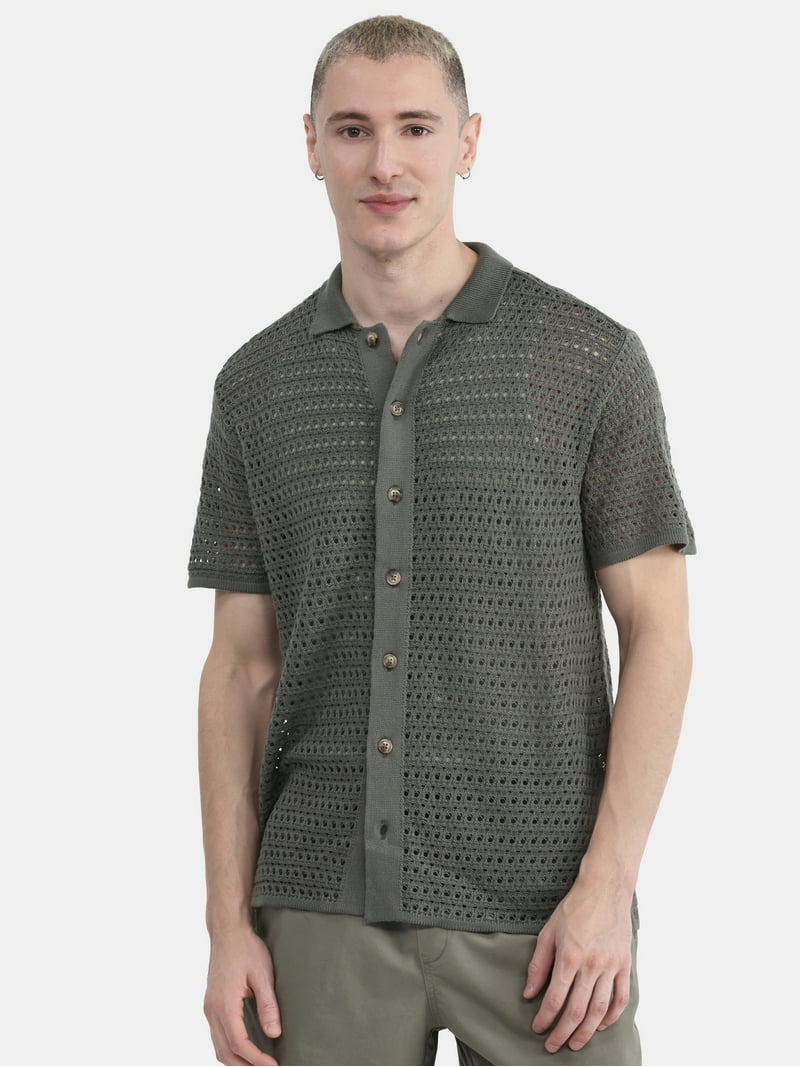 No Boundaries Men's & Big Men's Sweater Knit Polo Mesh Button