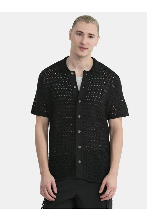 Men's & Big Men's Sweater Knit Polo Mesh Button Front Short Sleeve Shirt, Sizes XS-5XL