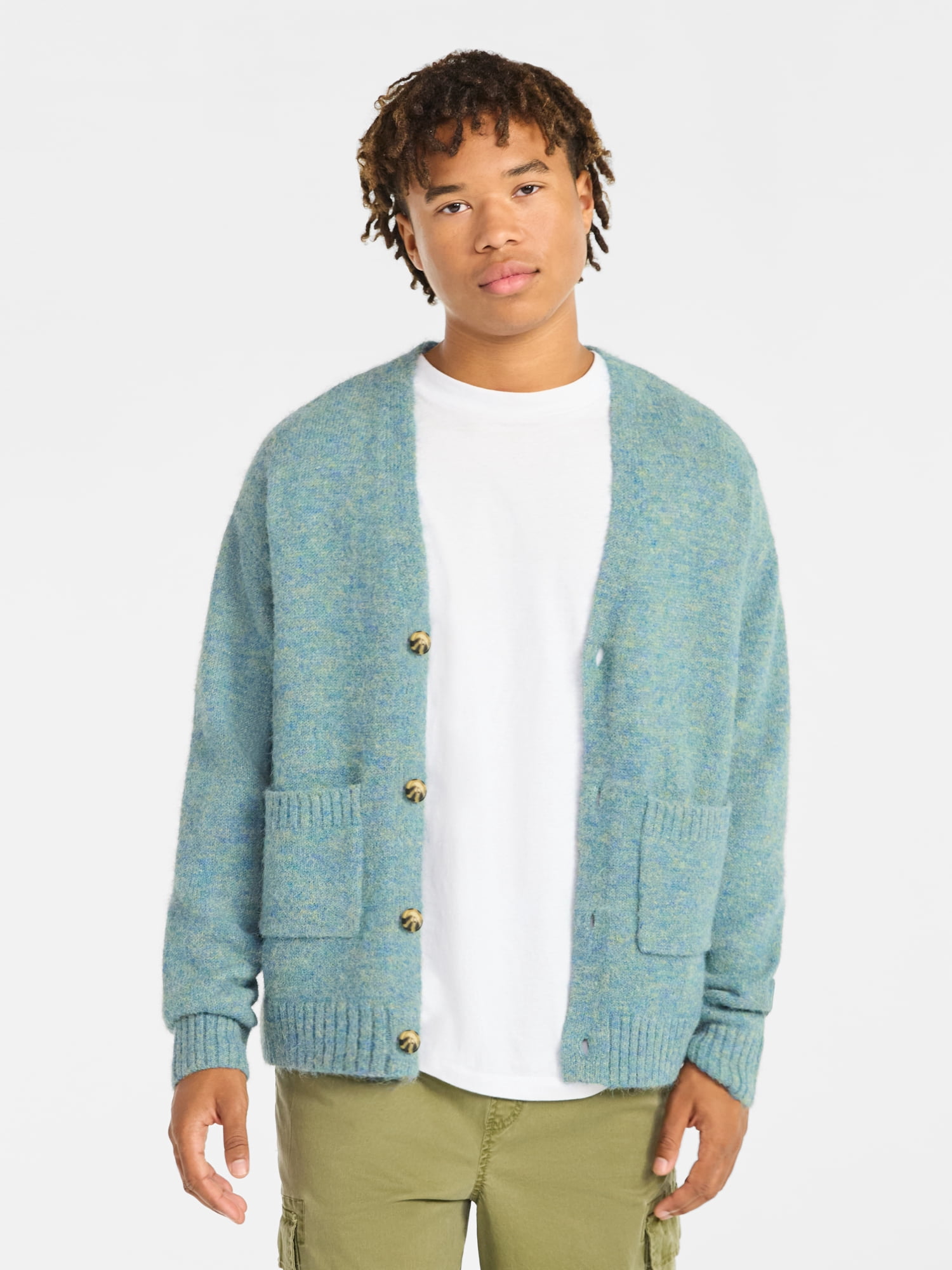 No Boundaries V-Neck Brushed Cardigan Sweater, Midweight, Men's & Big Men's