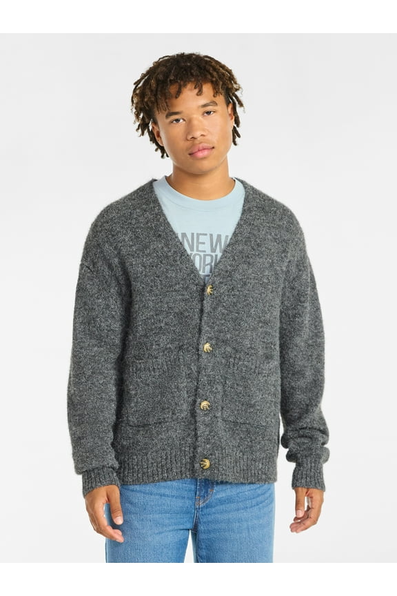 V-Neck Brushed Cardigan Sweater, Midweight, Men's & Big Men's