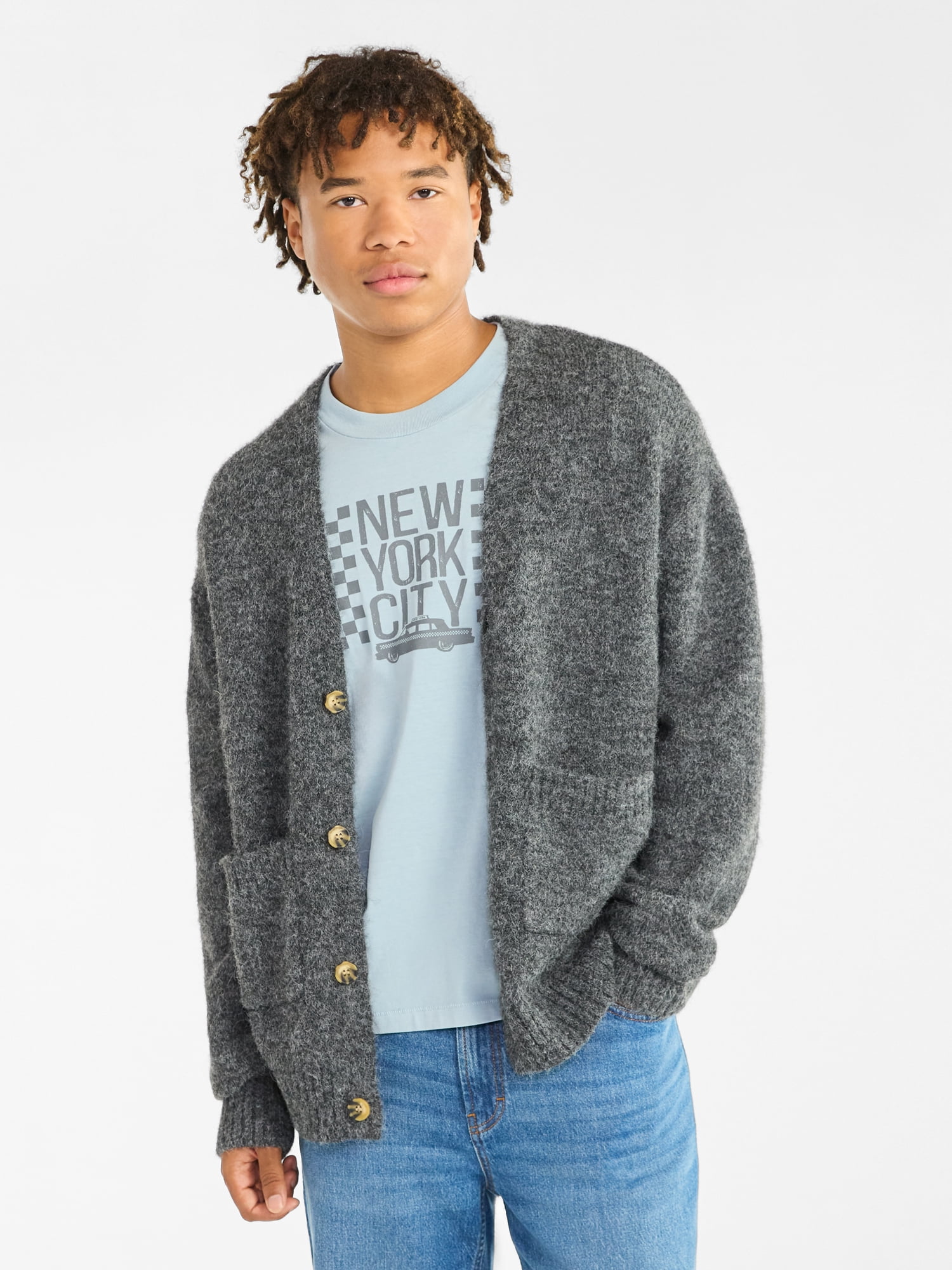 No Boundaries V-Neck Brushed Cardigan Sweater, Midweight, Men's