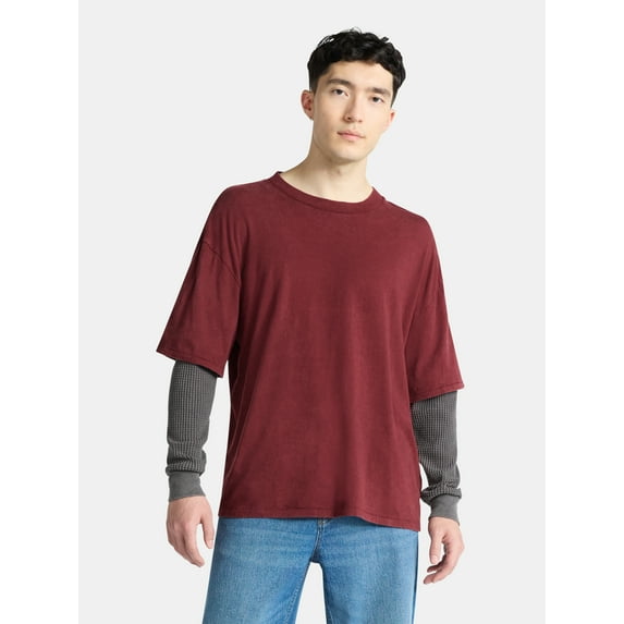 No Boundaries Cotton Washed Tee with Layered Long Sleeves, Men's & Big Men's