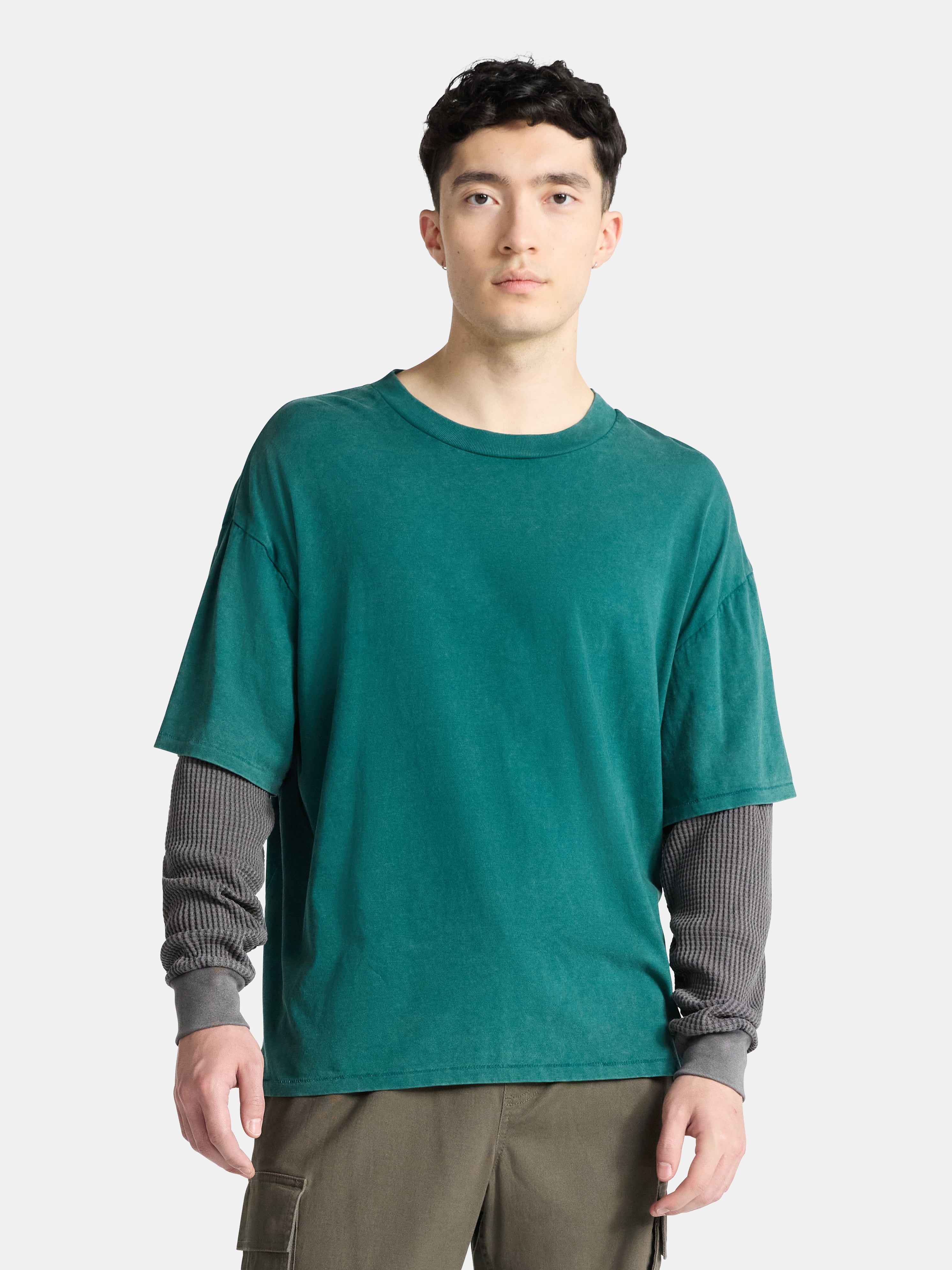 No Boundaries Cotton Washed Tee with Layered Long Sleeves, Men's & Big Men's