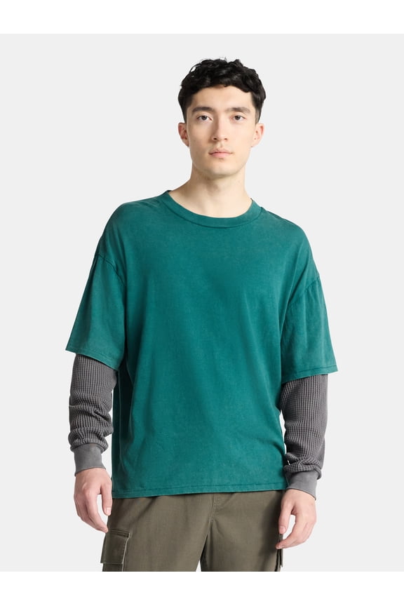 Cotton Washed Tee with Layered Long Sleeves, Men's & Big Men's