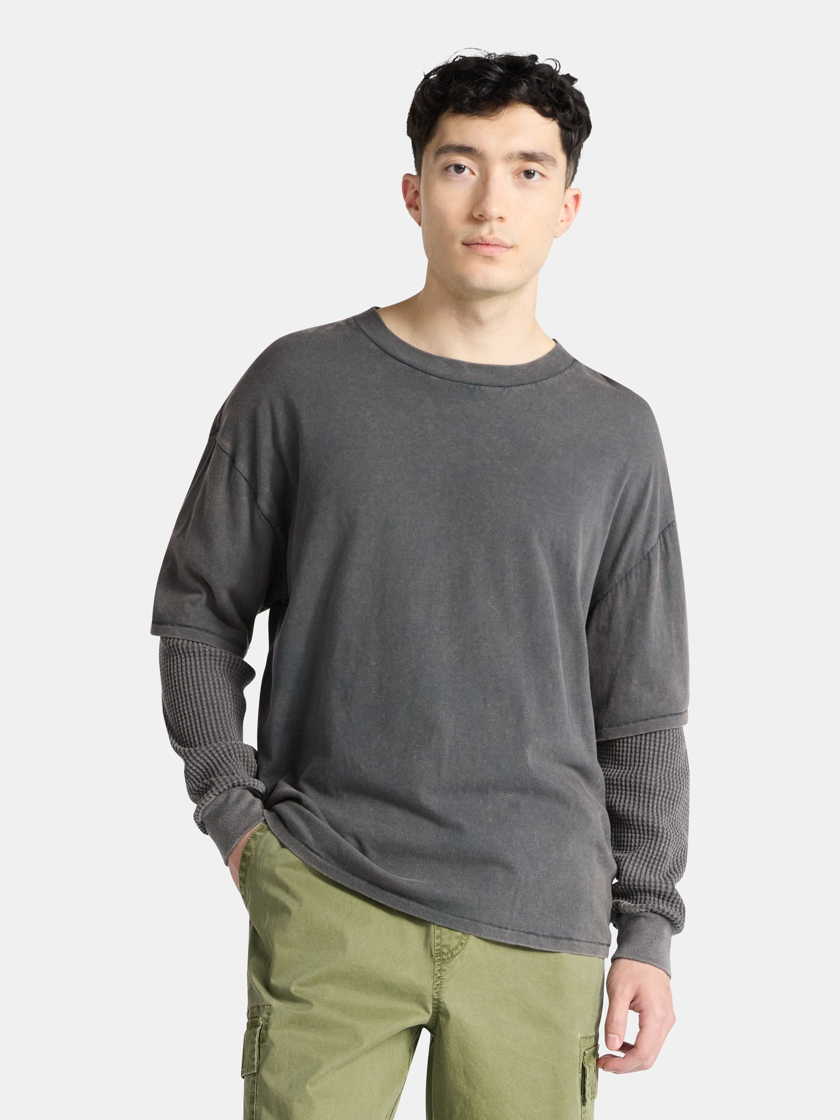 No Boundaries Cotton Washed Tee with Layered Long Sleeves, Men's & Big Men's